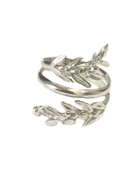 Sterling Silver Adjustable Olive Leafs Ring, Size 6