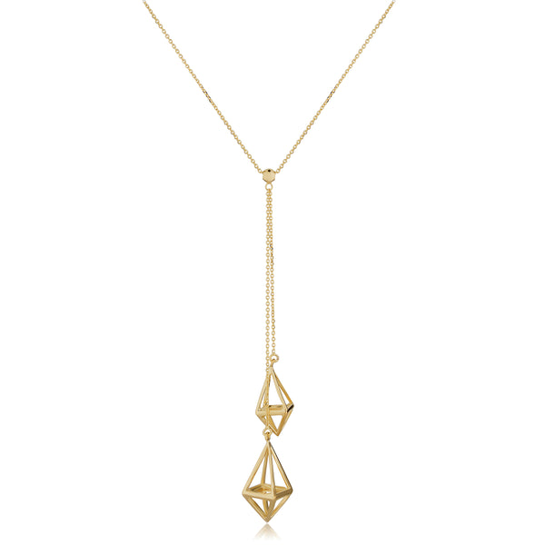 14k Yellow Gold 3D Diamond Cage Drop Adjustable Necklace, 18"