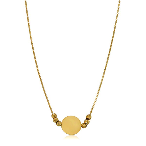 14K Yellow Gold Round Disc And Bead Necklace, 17" To 18" Adjustable