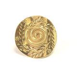 Greek Olive Leaf And Spira Disc Ring In 18k Gold Overlay Sterling Silver