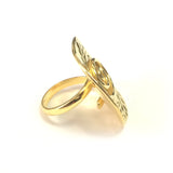 Greek Olive Leaf And Spira Disc Ring In 18k Gold Overlay Sterling Silver