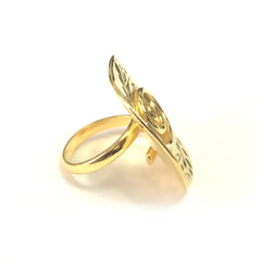 Anello con foglia di ulivo greco e disco Spira in argento sterling con rivestimento in oro 18 carati, gioielli di design per uomo e donna