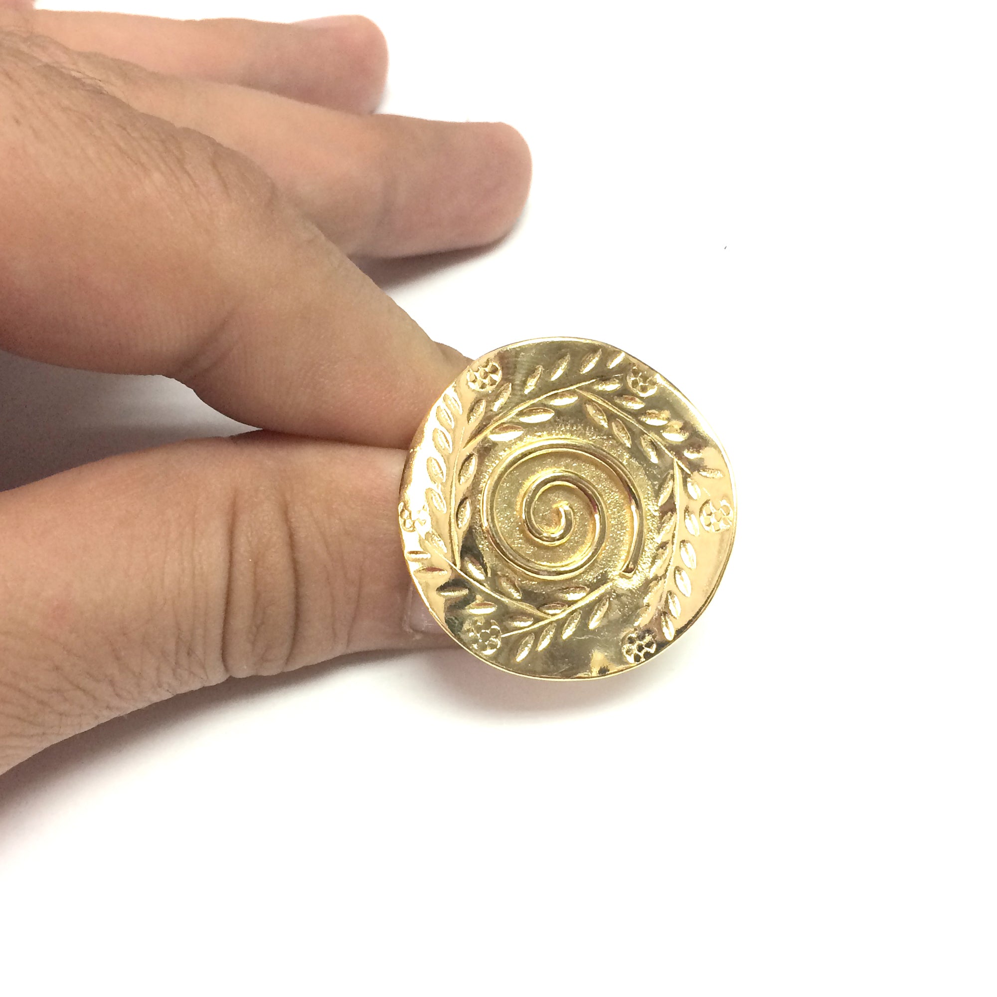 Gresk Olive Leaf And Spira Disc Ring i 18k gull overlegg Sterling sølv fine designersmykker for menn og kvinner