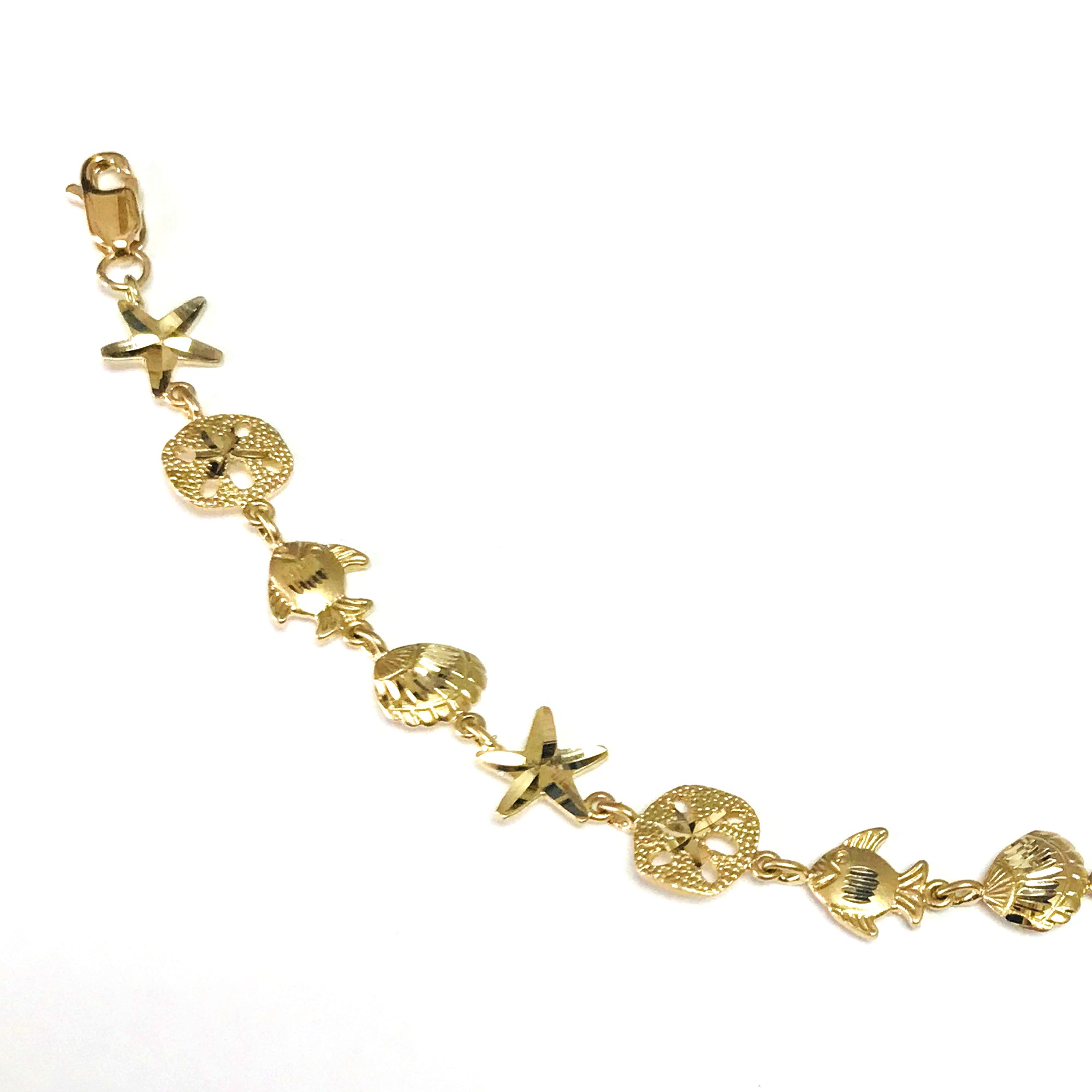 Bracelet en or jaune 14 carats avec étoile de mer et poisson, bijoux de créateur de 7 pouces pour hommes et femmes