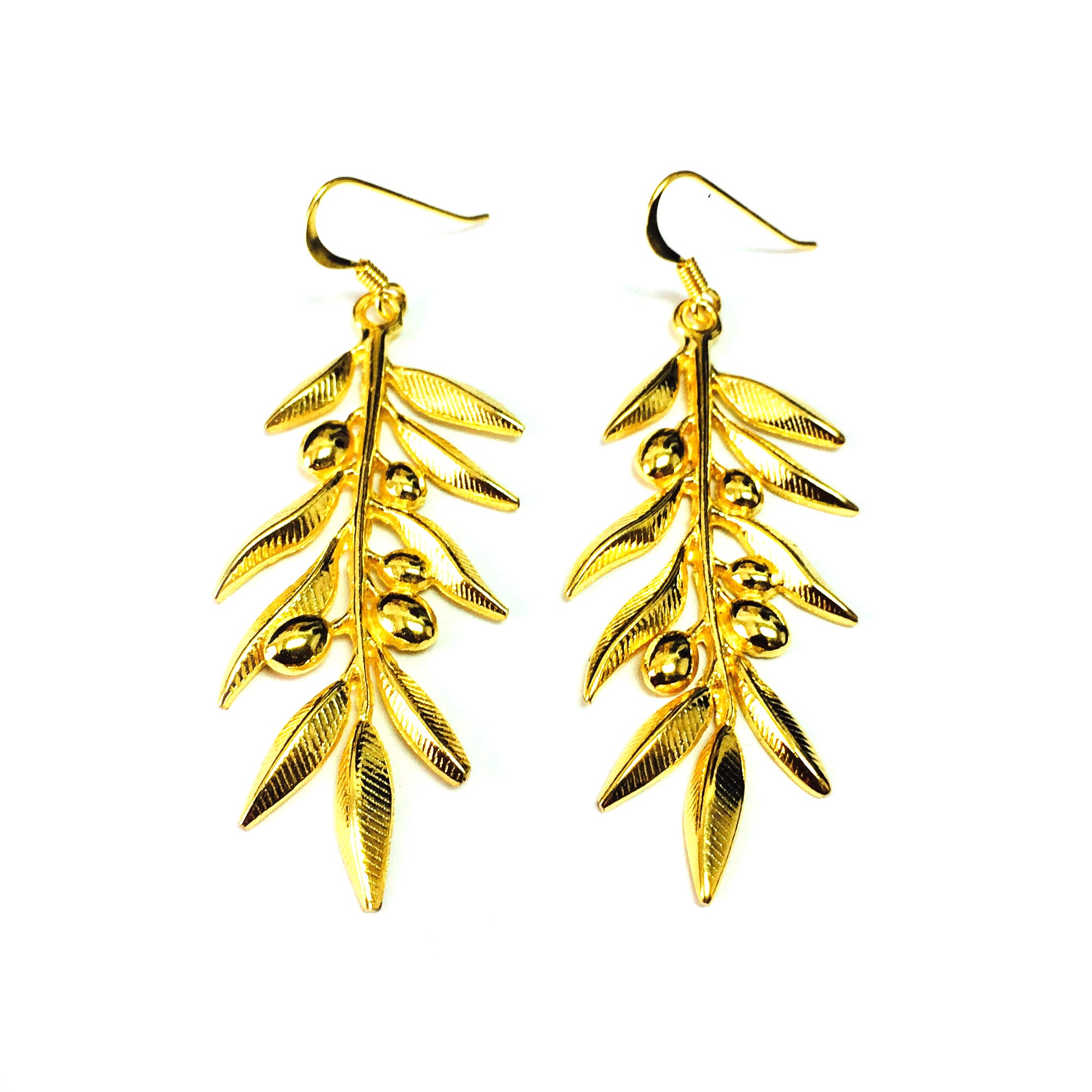 Sterling Silver 18 Karat Gold Overlay Plated Olive Leaf Drop Earrings fine designer jewelry for men and women