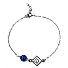 Maiandros Theme Double Sided Evil Eye Adjustable Necklace In Sterling Silver, 17" to 18"