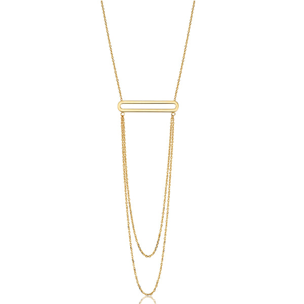 14K Yellow Gold Oval Bar Pendant With Layered Chain 18" Necklace