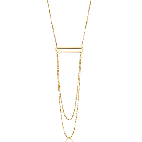 14K Yellow Gold Oval Bar Pendant With Layered Chain 18" Necklace