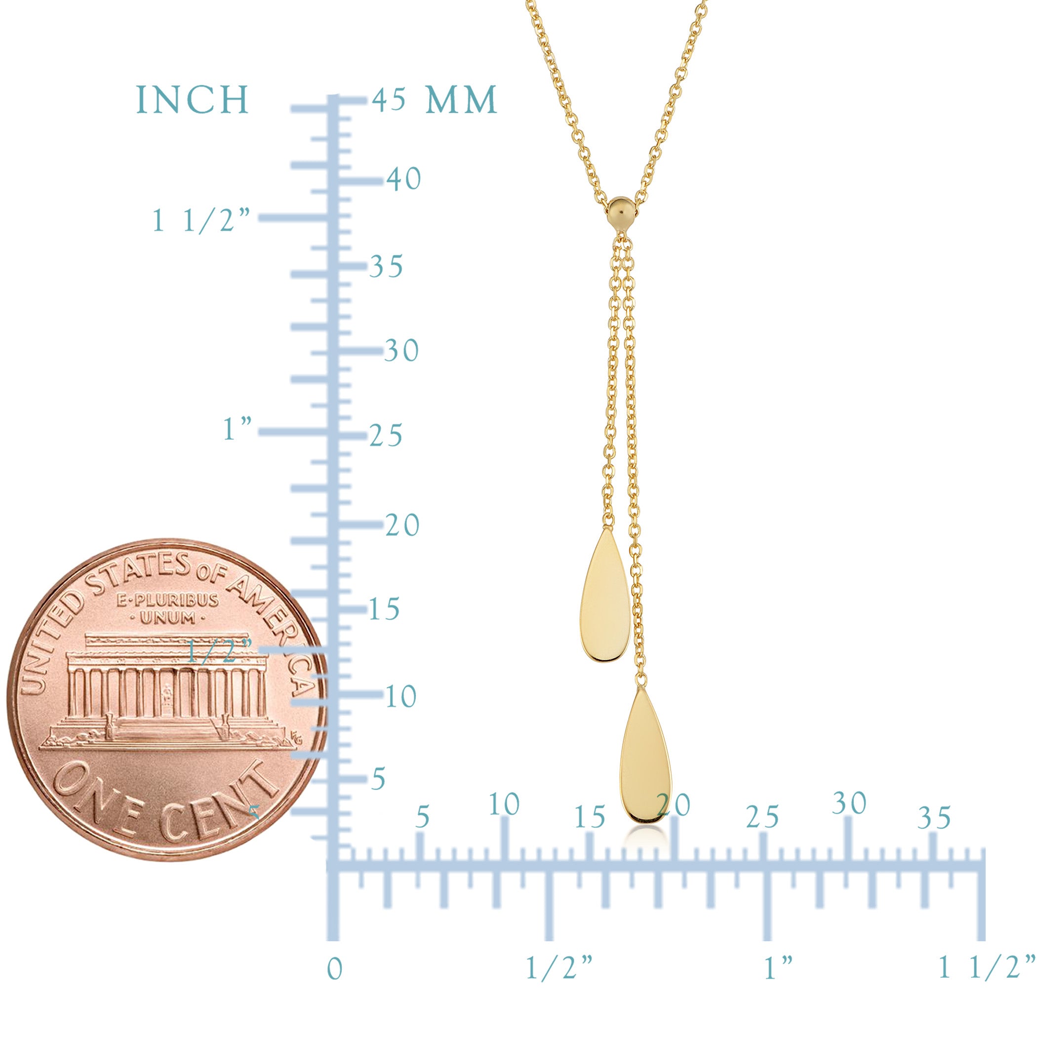 14K gult guld Dubbla Teardrop Charms på 18" Lariat halsband fina designersmycken för män och kvinnor