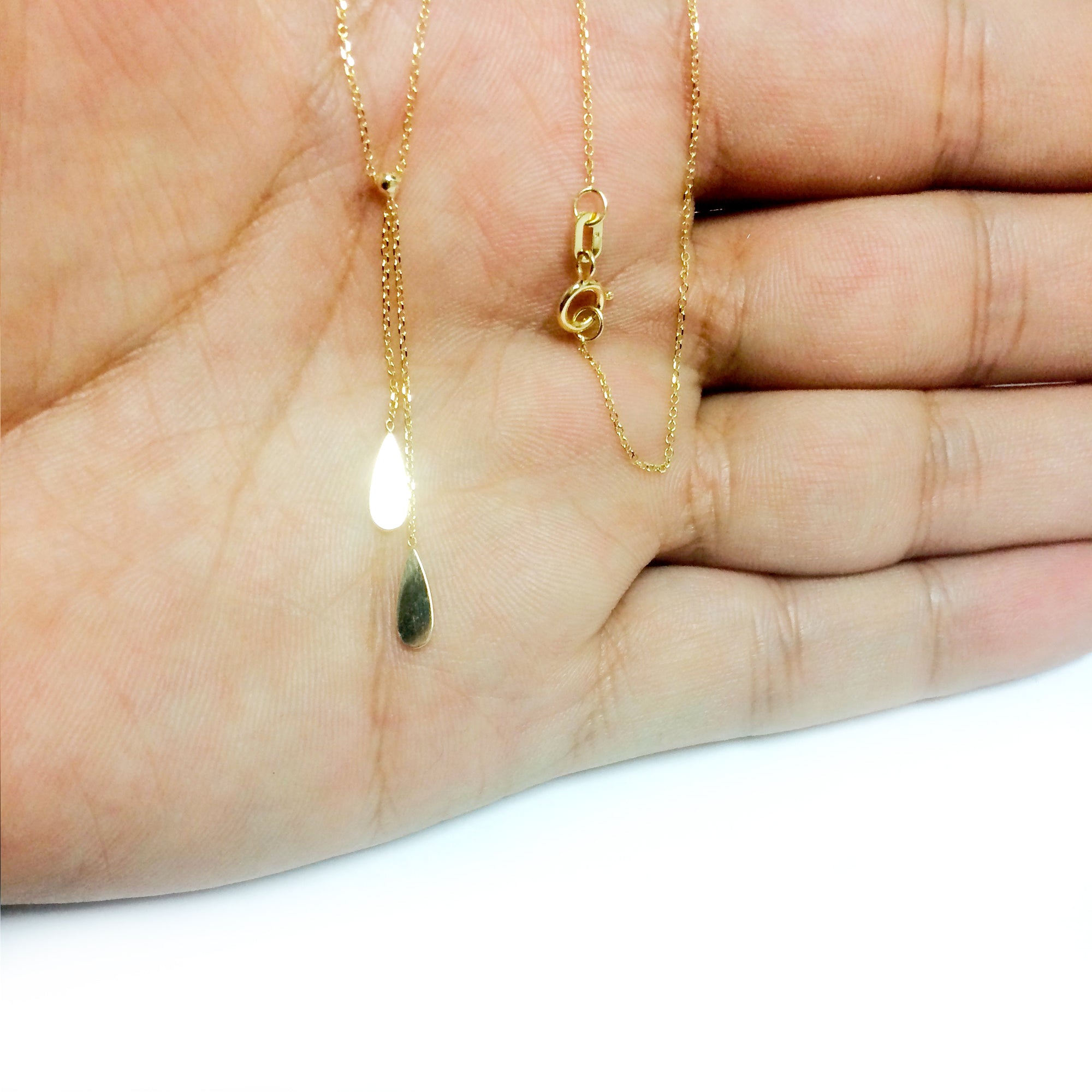 14K Yellow Gold Double Teardrop Charms On 18" Lariat Necklace fine designer jewelry for men and women