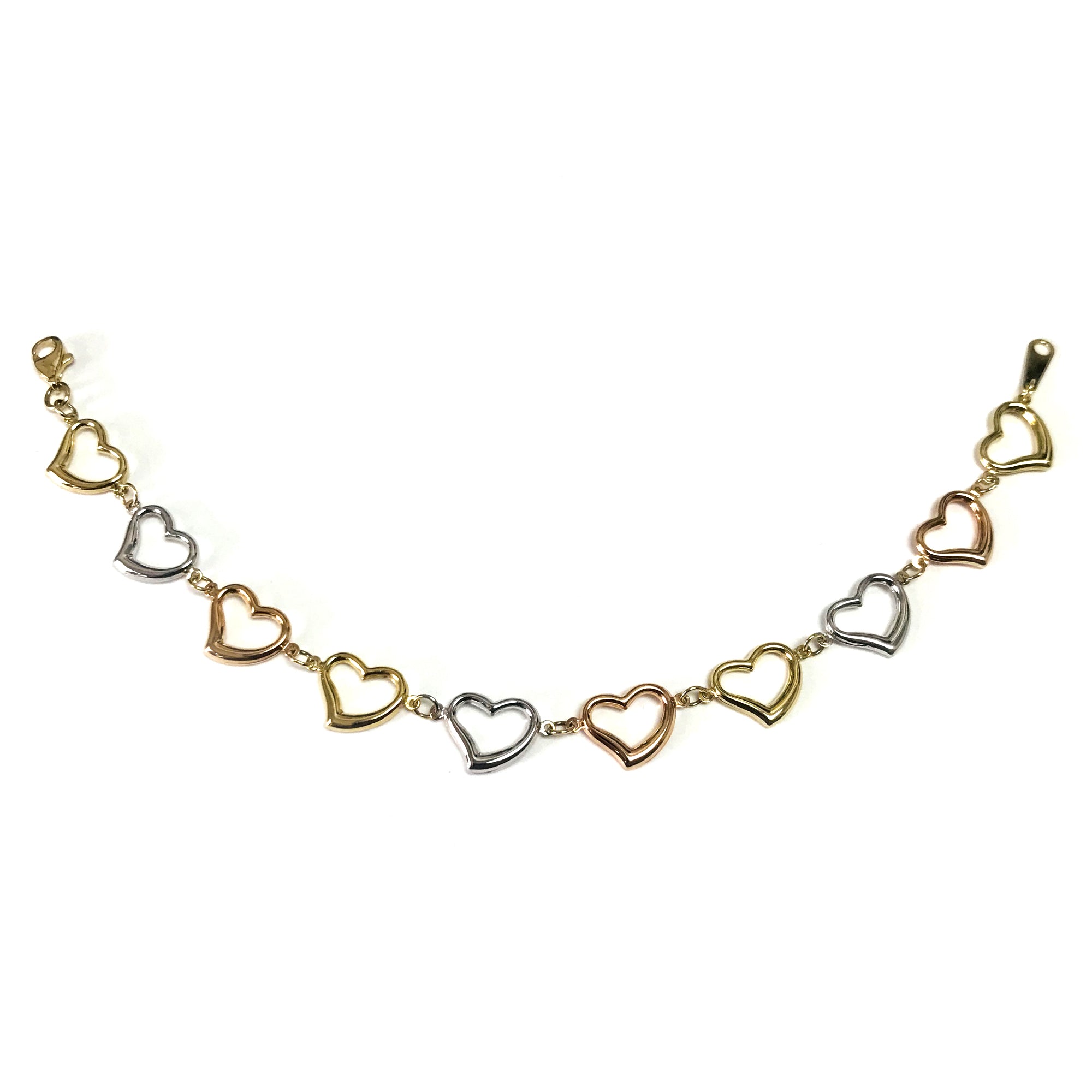 14k Yellow White And Rose Gold Heart Charms Bracelet, 7.5" fine designer jewelry for men and women