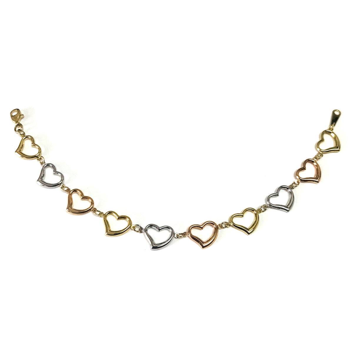 14k Yellow White And Rose Gold Heart Charms Bracelet, 7.5" fine designer jewelry for men and women