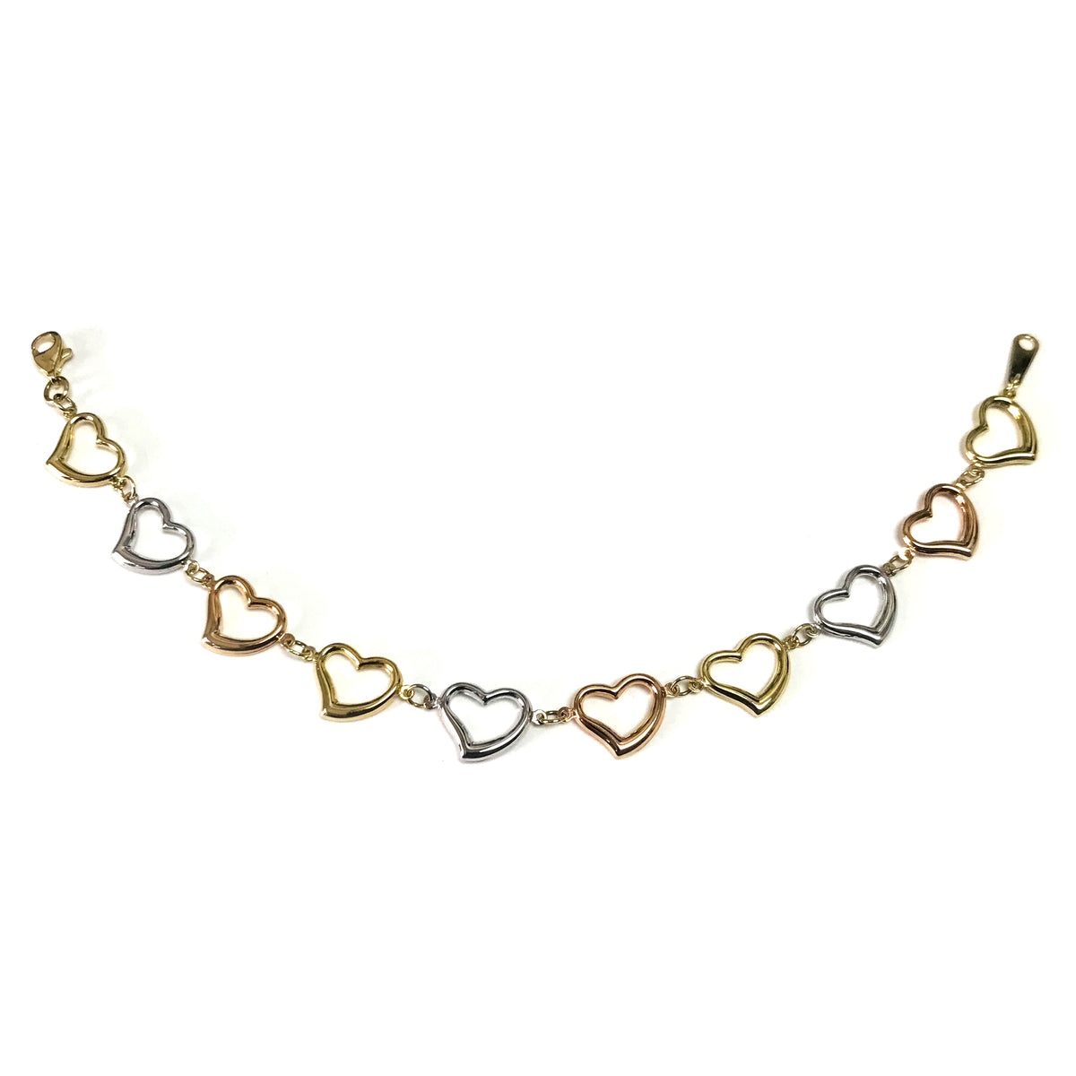 14k Yellow White And Rose Gold Heart Charms Bracelet, 7.5"