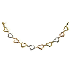 14k Yellow White And Rose Gold Heart Charms Bracelet, 7.5" fine designer jewelry for men and women