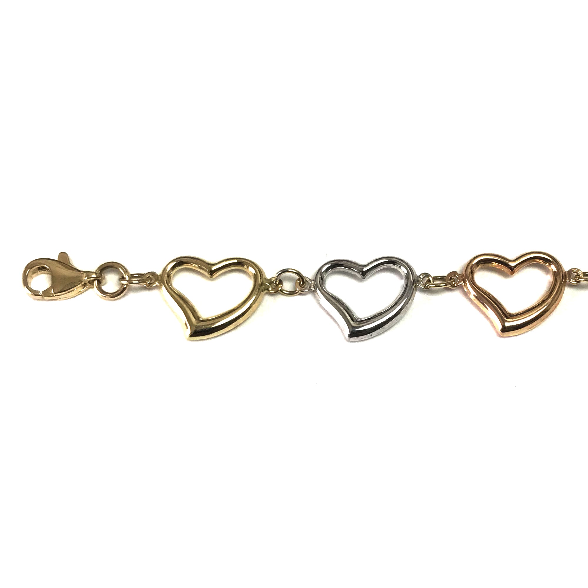 14k Yellow White And Rose Gold Heart Charms Bracelet, 7.5" fine designer jewelry for men and women