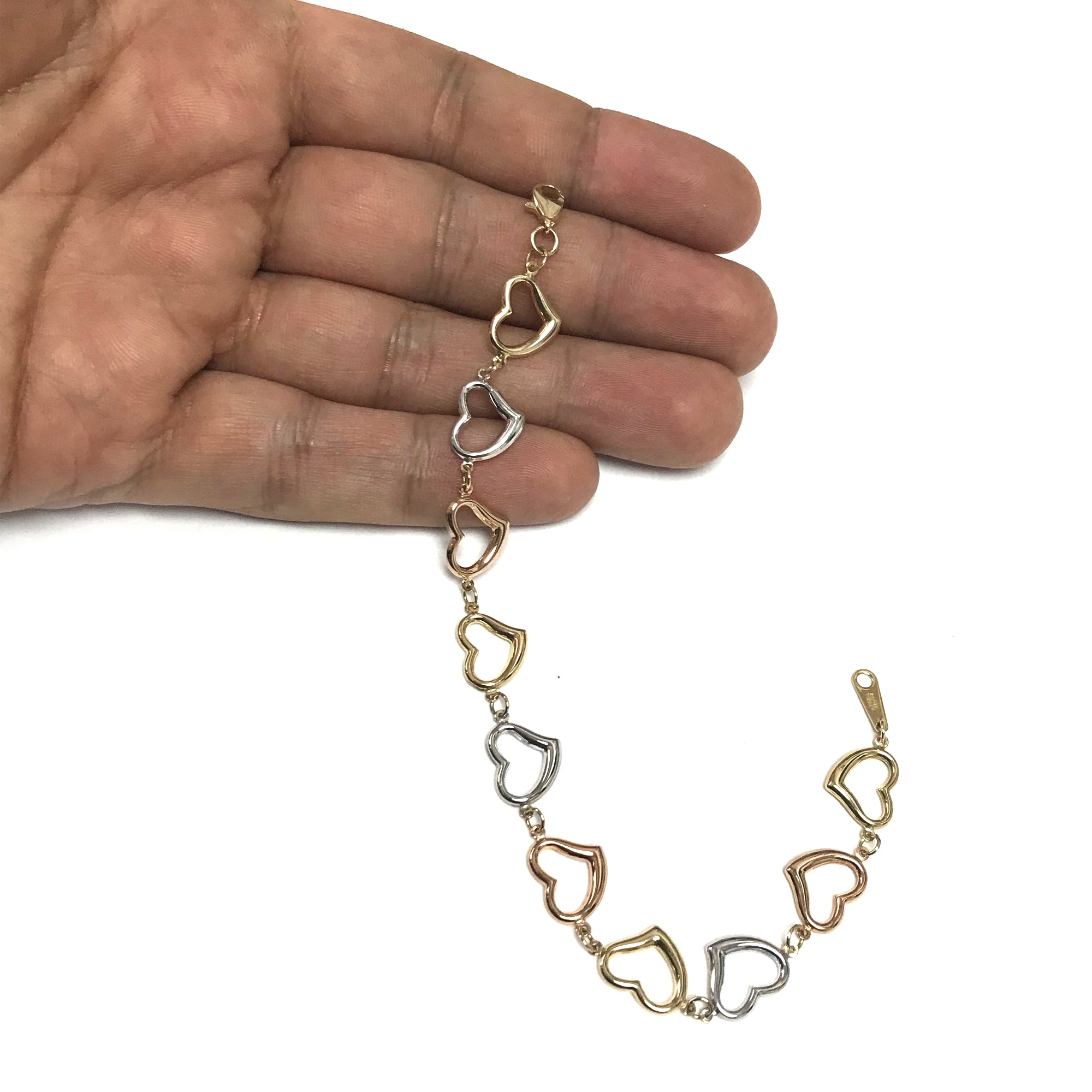 14k Yellow White And Rose Gold Heart Charms Bracelet, 7.5" fine designer jewelry for men and women