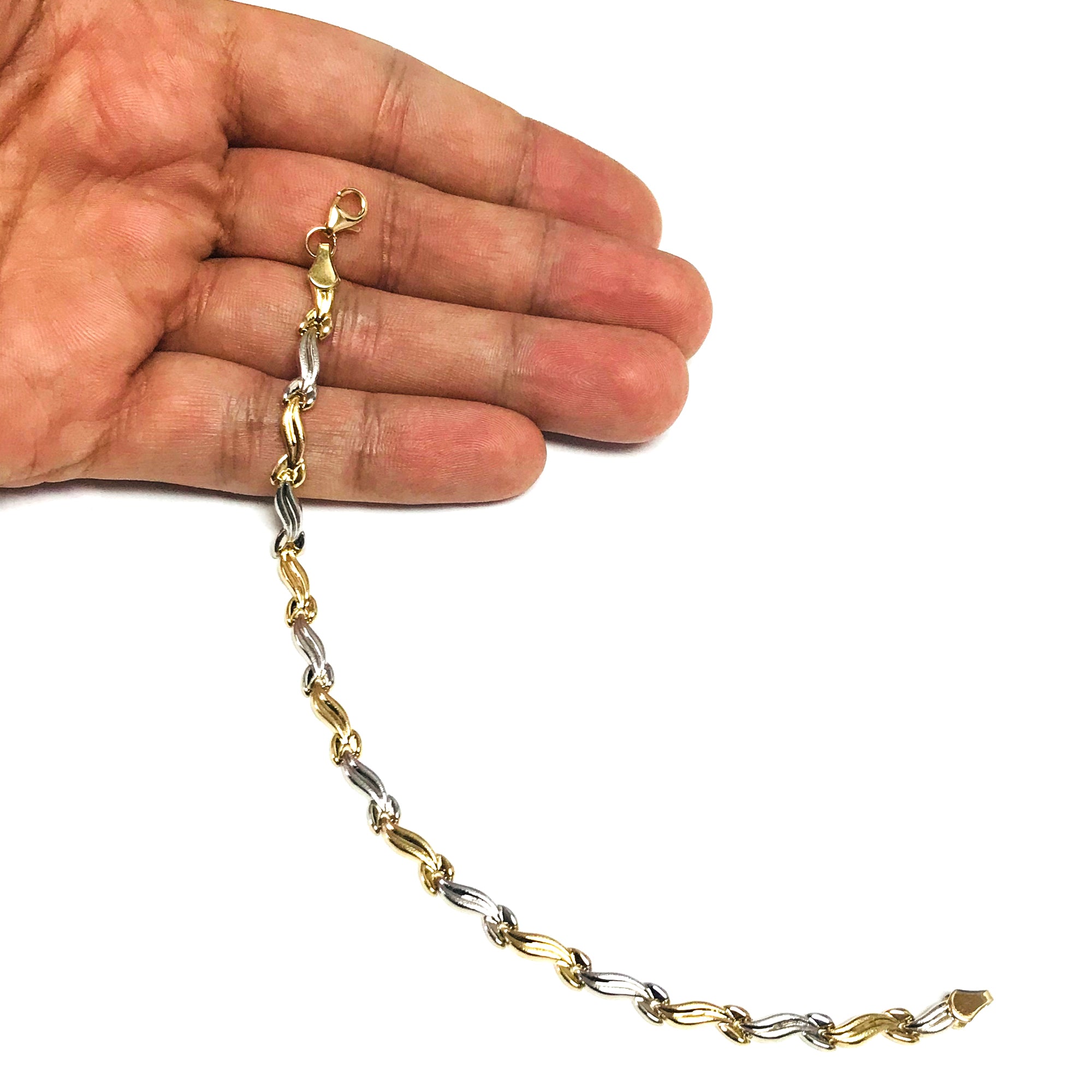Bracelet à motifs ondulés finition or jaune et blanc 14 carats, bijoux de créateurs fins de 7,25 pouces pour hommes et femmes