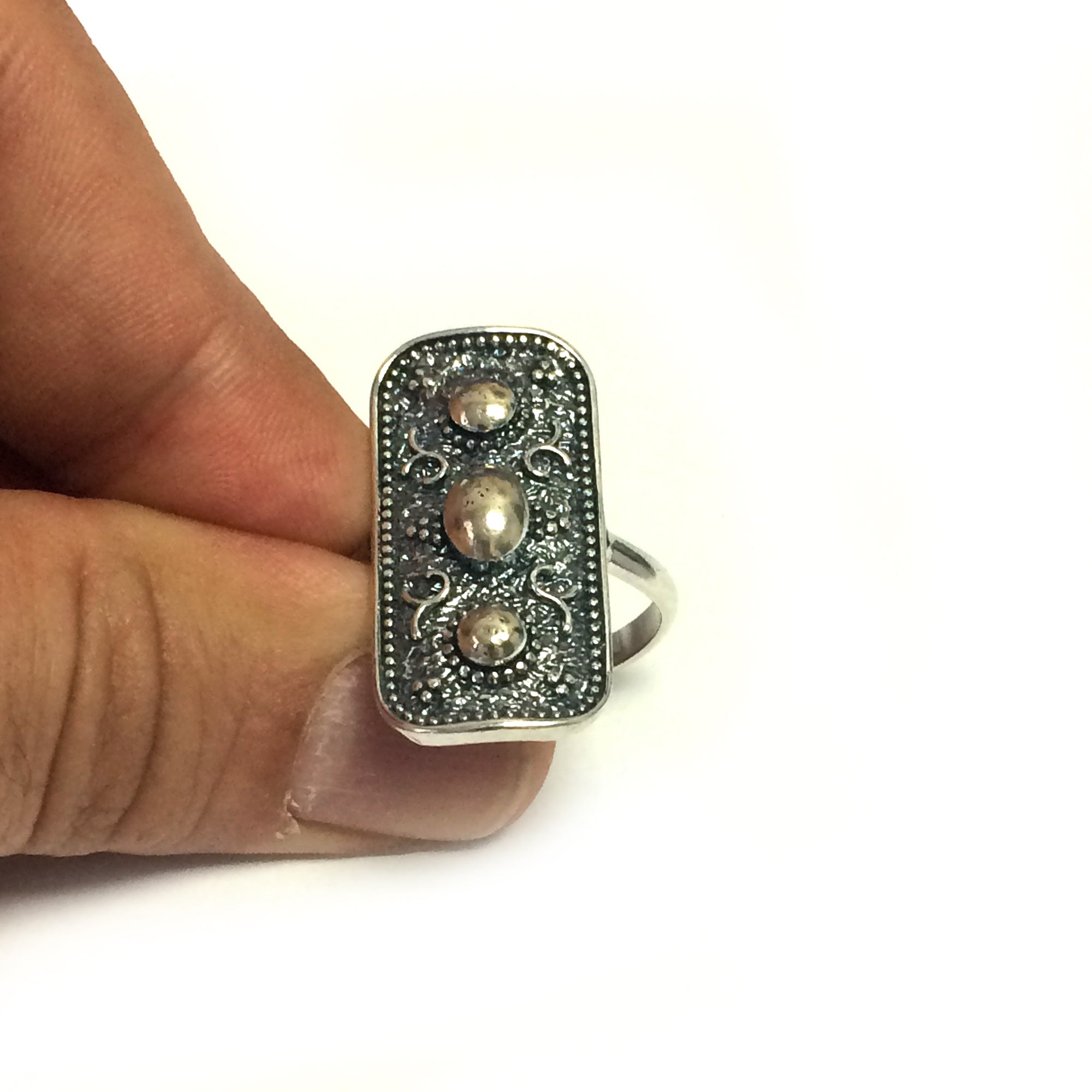 Anello rettangolare in argento sterling in stile bizantino, gioielli di design per uomini e donne