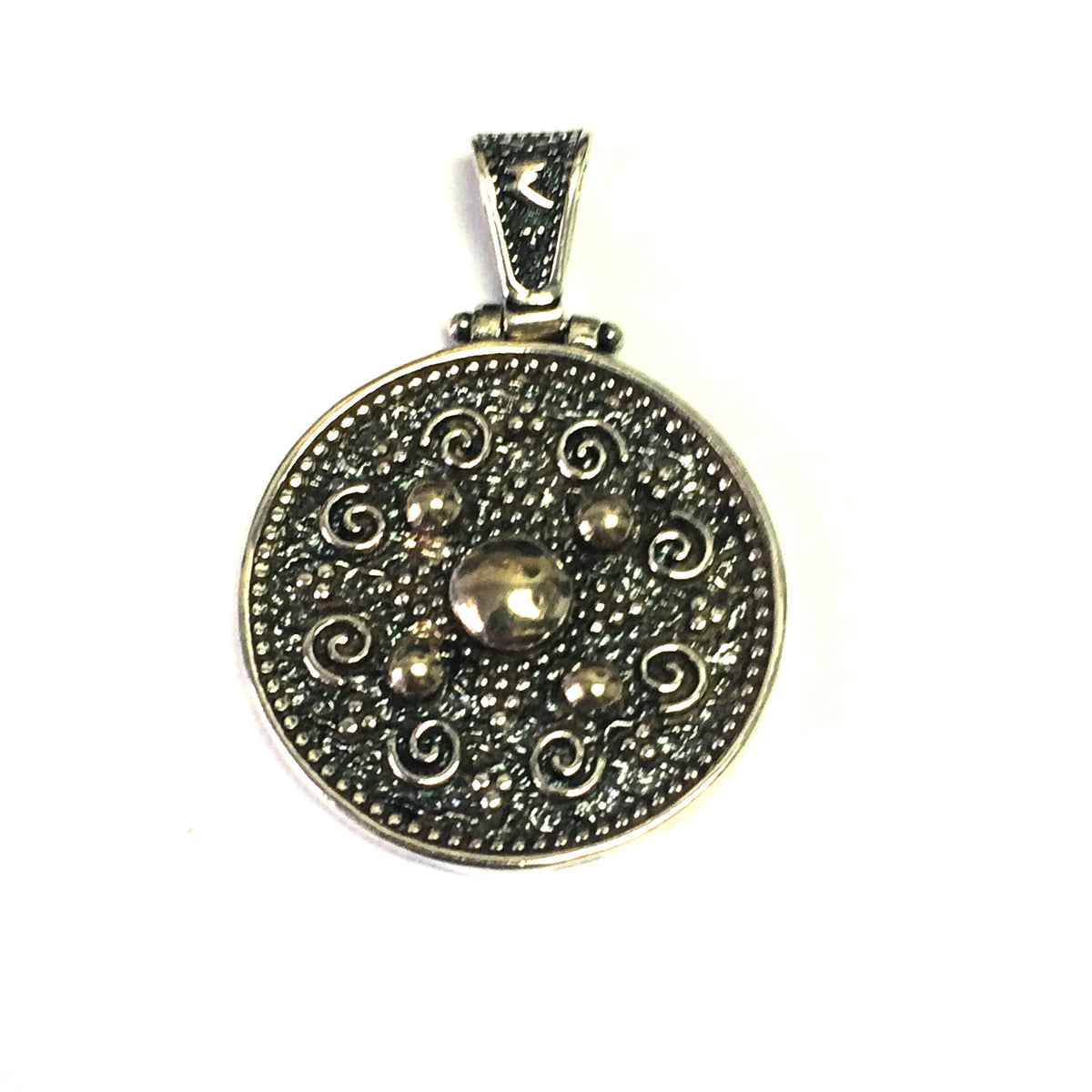 Ciondolo tondo in stile bizantino in argento sterling ossidato, gioielli di design per uomini e donne