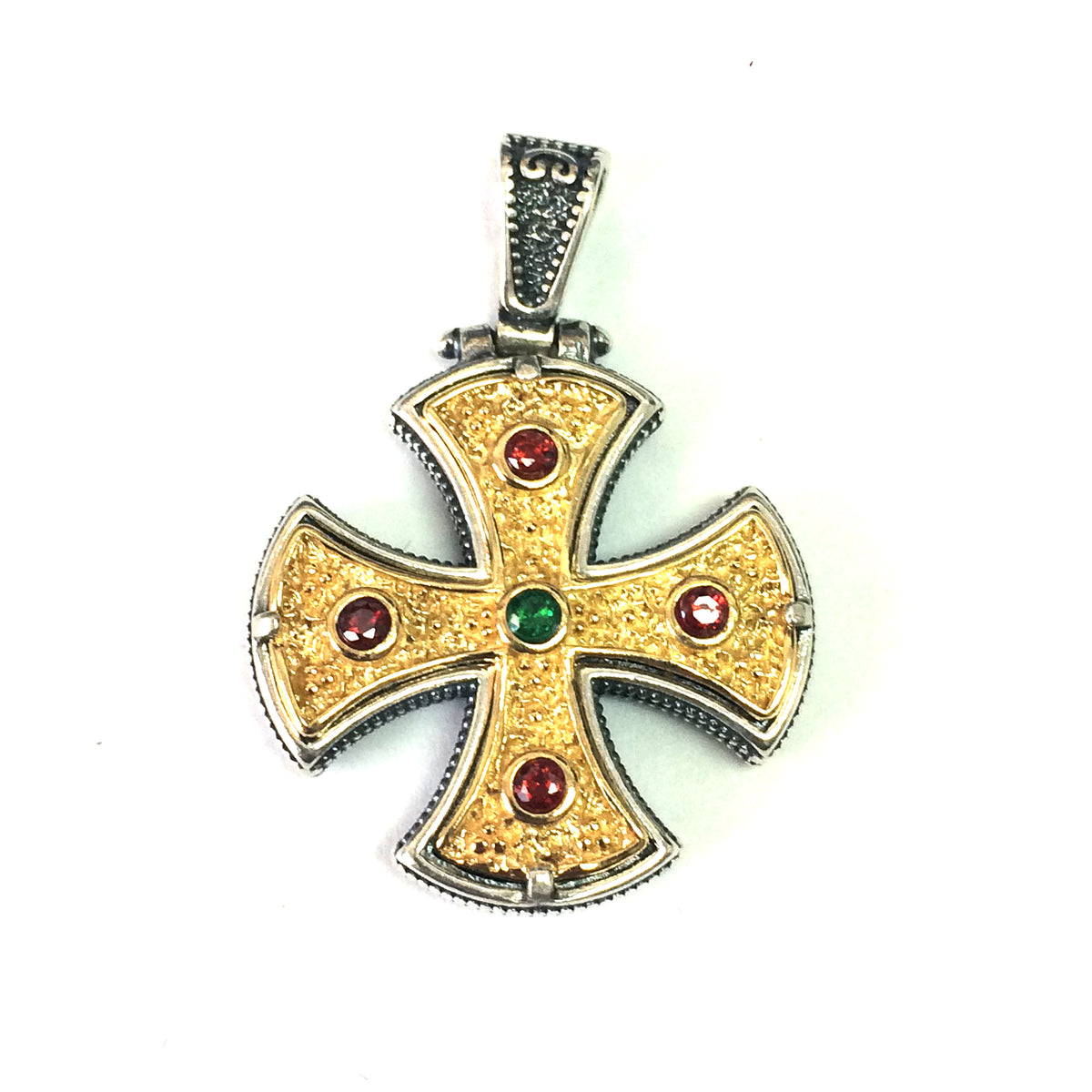 Sterling Silver 18 Karat Gold Overlay Byzantine Style Cross Pendant fine designer jewelry for men and women