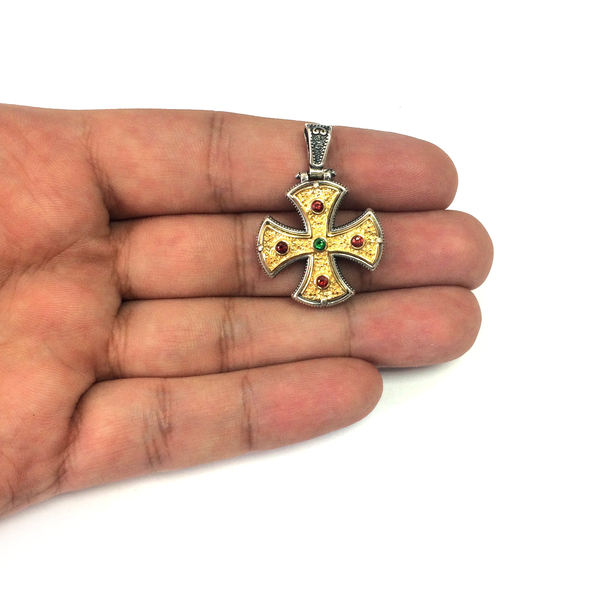 Sterling Silver 18 Karat Gold Overlay Byzantine Style Cross Pendant fine designer jewelry for men and women