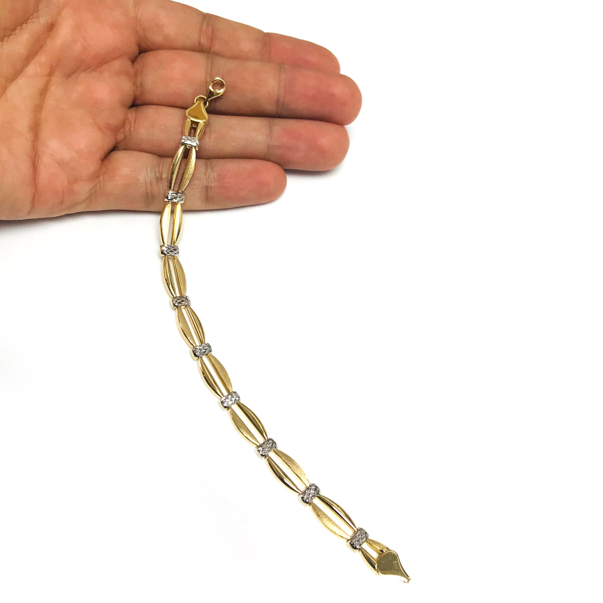 Bracciale fantasia con maglie a barra curva in oro giallo 14k, gioielleria raffinata da 7,25" per uomini e donne