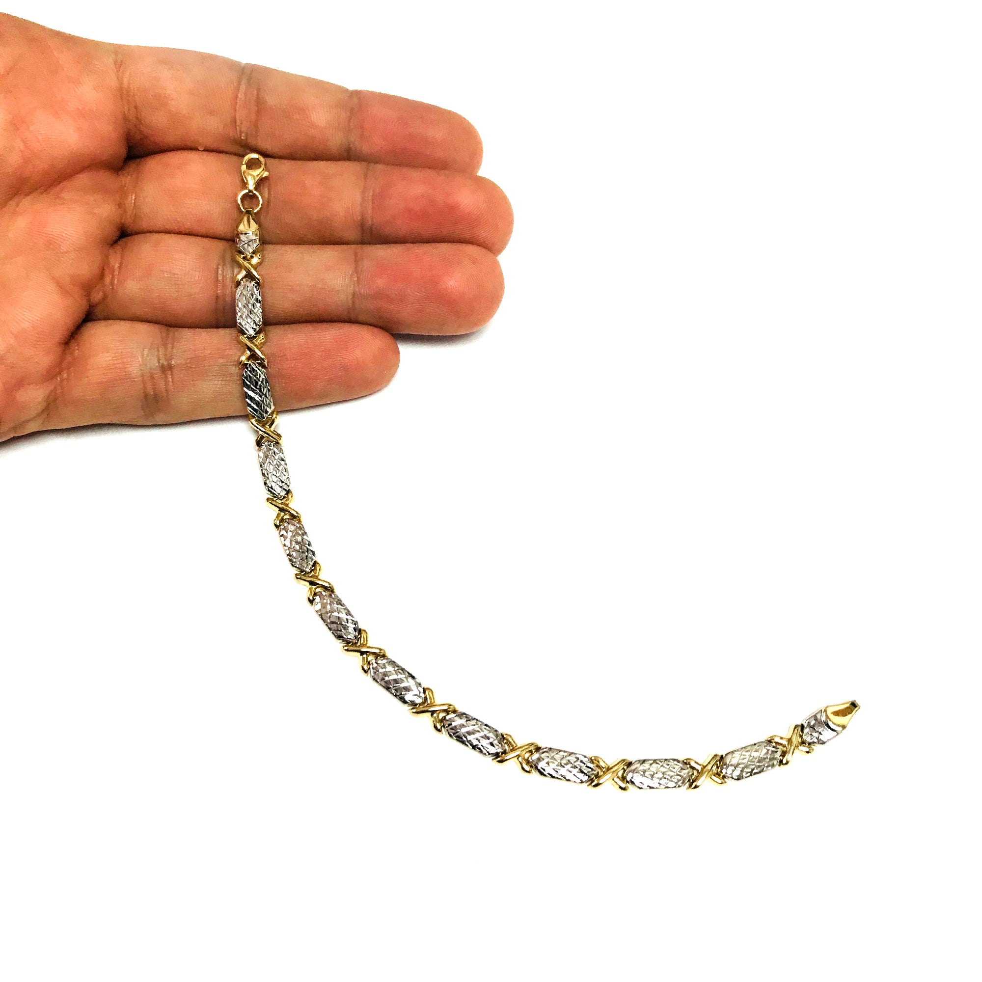 Bracelet à maillons câlins et bisous en or jaune et blanc 14 carats, bijoux de créateurs fins de 7,25 pouces pour hommes et femmes
