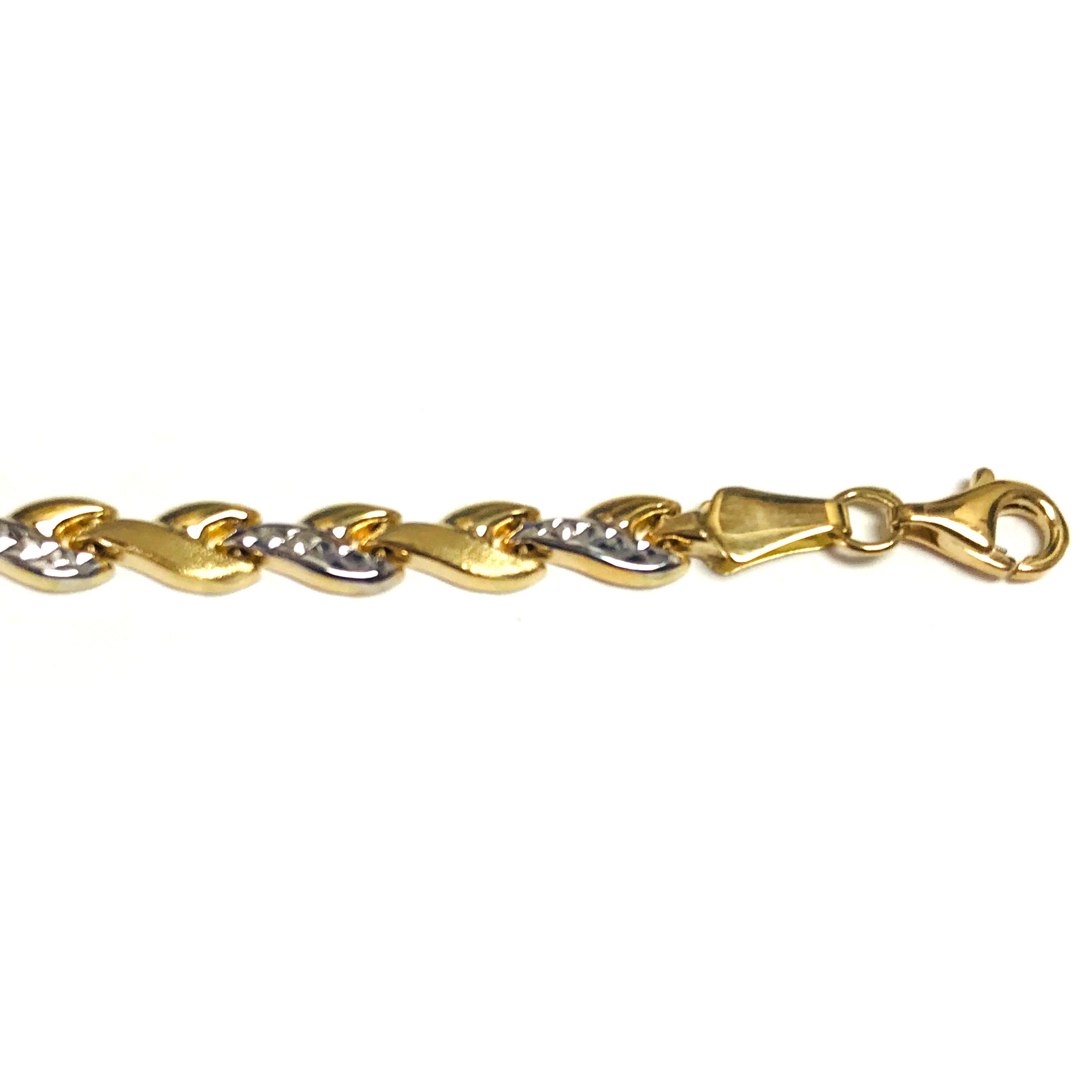 Bracciale a maglie a cuore in oro giallo e bianco 14k, gioielli di alta moda da 7,25" per uomo e donna