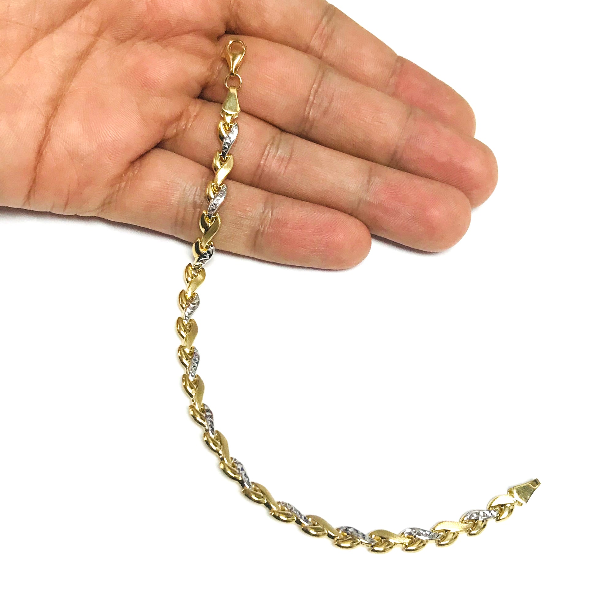 Pulsera de eslabones de corazón de oro amarillo y blanco de 14 k, joyería fina de diseño de 7,25 "para hombres y mujeres