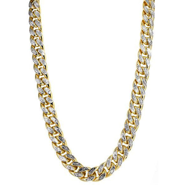 14k Yellow And White Gold Miami Cuban Pave Link Chain Necklace, Width 9.5mm, 22"