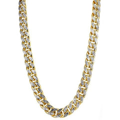 14 k gult och vitt guld Miami Cuban Pave Link Chain Halsband, bredd 9,5 mm, 22" fina designersmycken för män och kvinnor