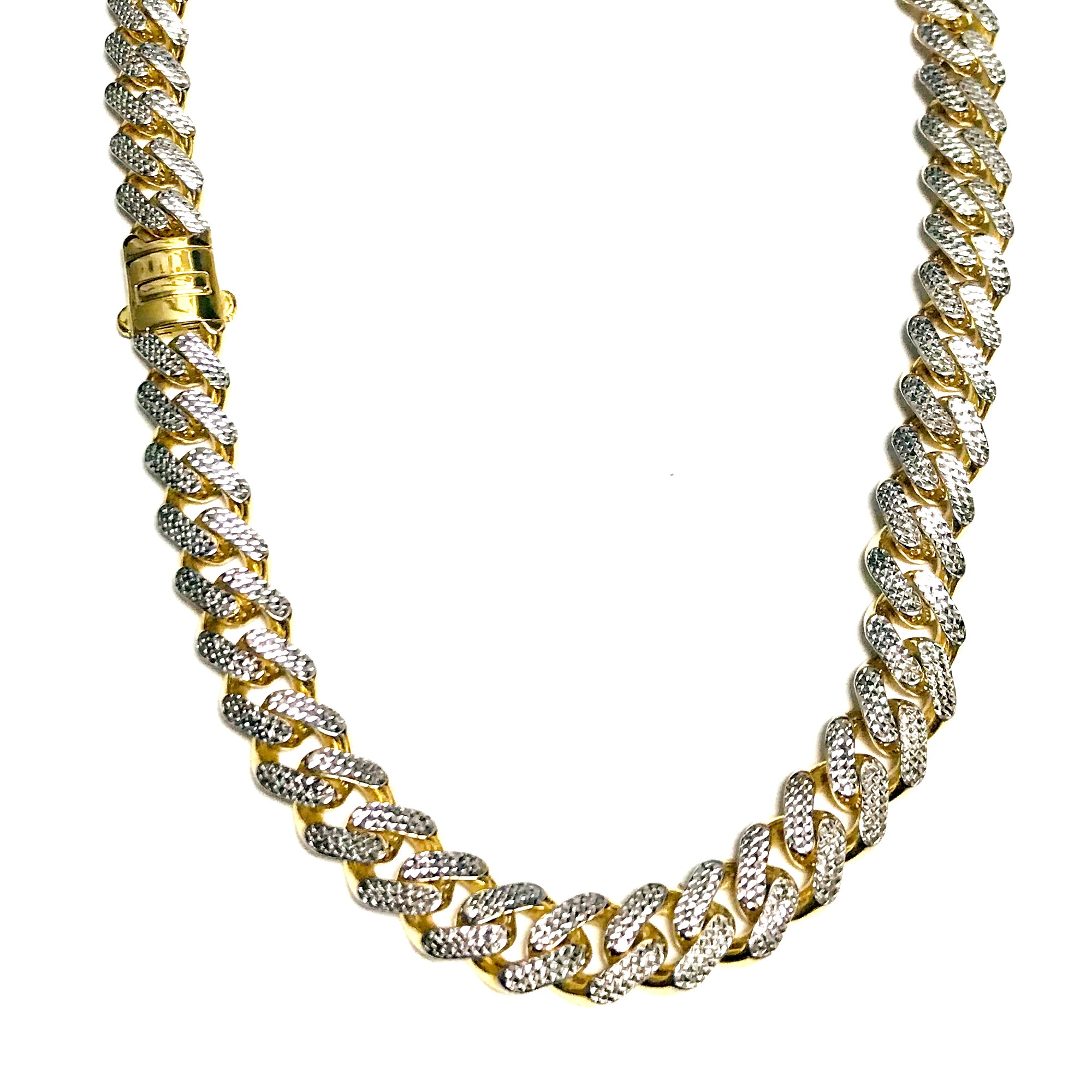 14k Yellow And White Gold Miami Cuban Pave Link Chain Necklace, Width 9.5mm, 22"