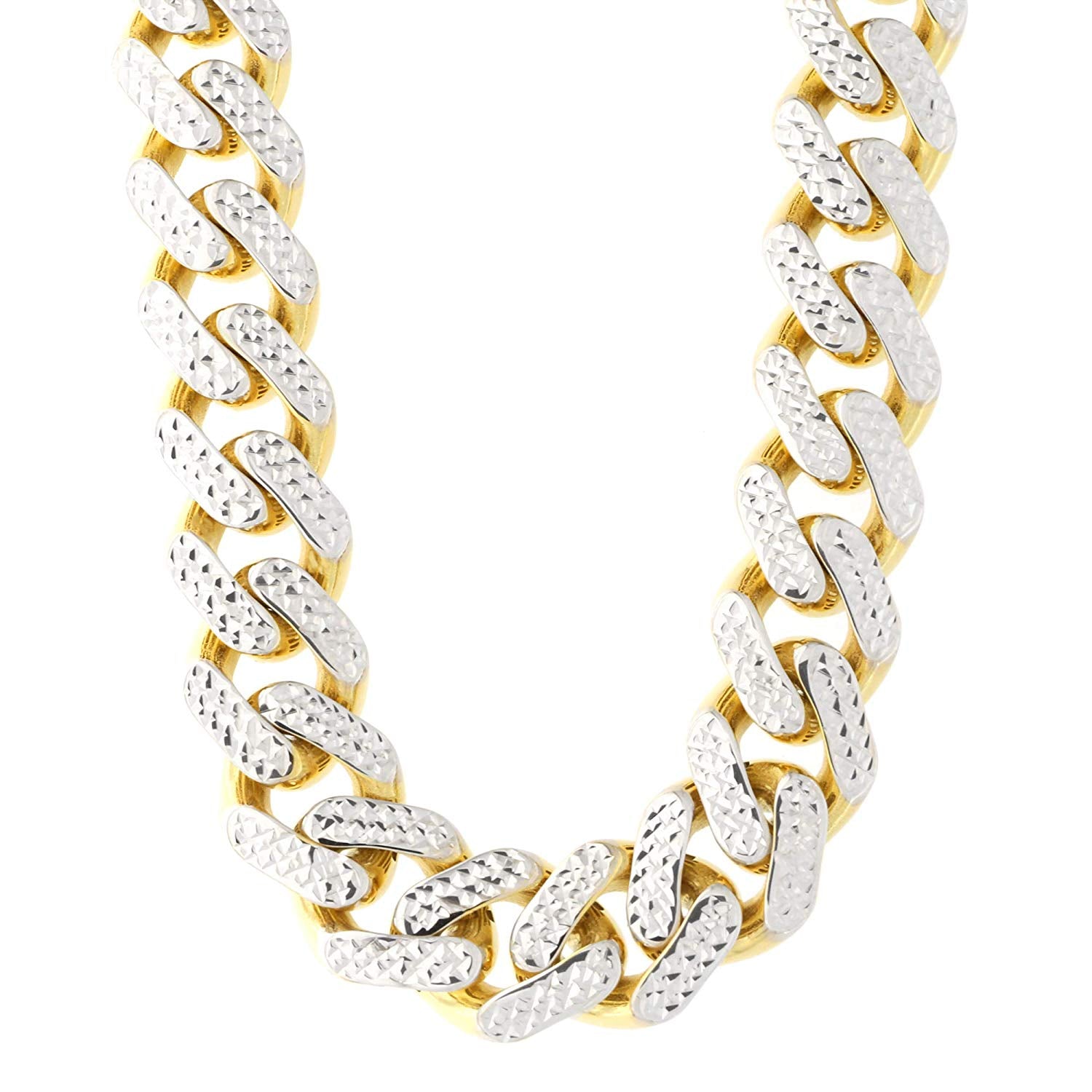 14 k gult och vitt guld Miami Cuban Pave Link Chain Halsband, bredd 11,3 mm, 24" fina designersmycken för män och kvinnor