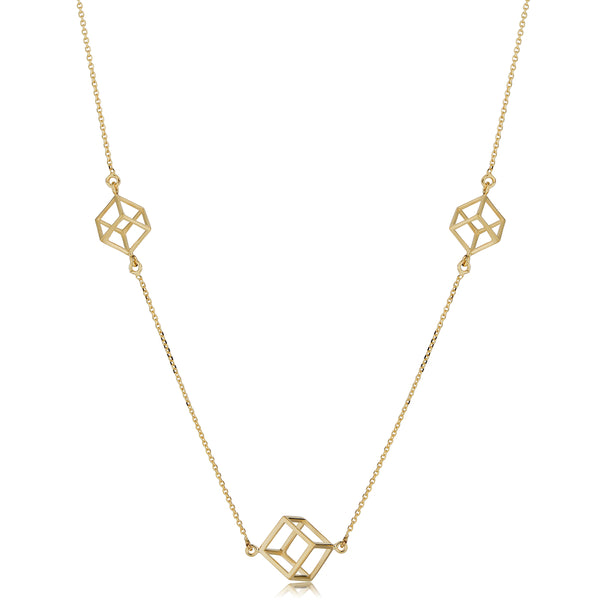 14k Yellow Gold 3D Cube Pendant Adjustable Necklace, 18"