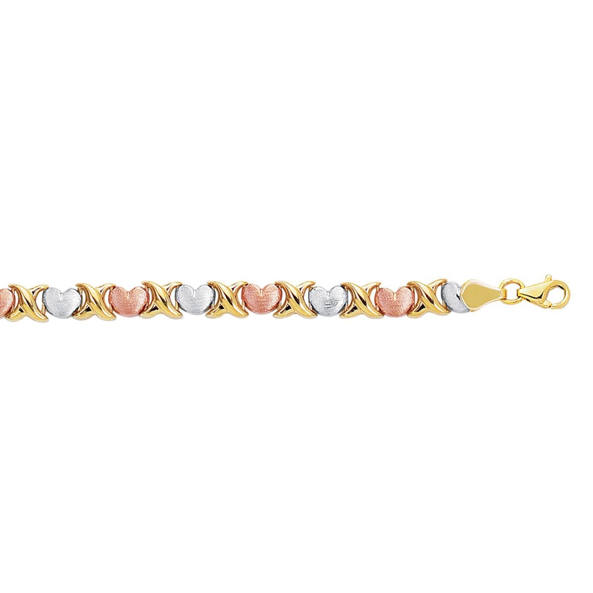 Bracelet à maillons coeur en or jaune blanc et rose 14 carats, bijoux de créateurs fins de 7,25 pouces pour hommes et femmes