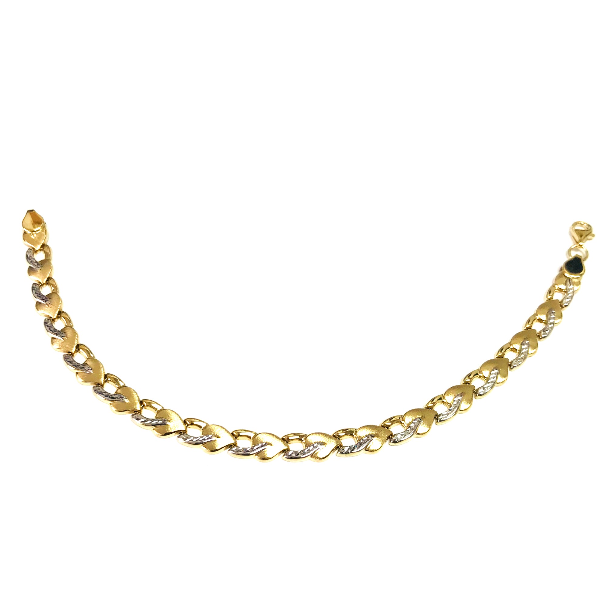 Bracciale a maglie a cuore in oro giallo e bianco 14k, gioielli di alta moda da 7,25" per uomini e donne