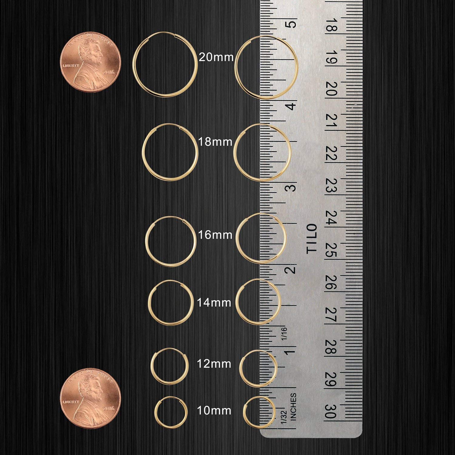 14K guld runde endeløse bøjleøreringe, 10 mm fine designersmykker til mænd og kvinder