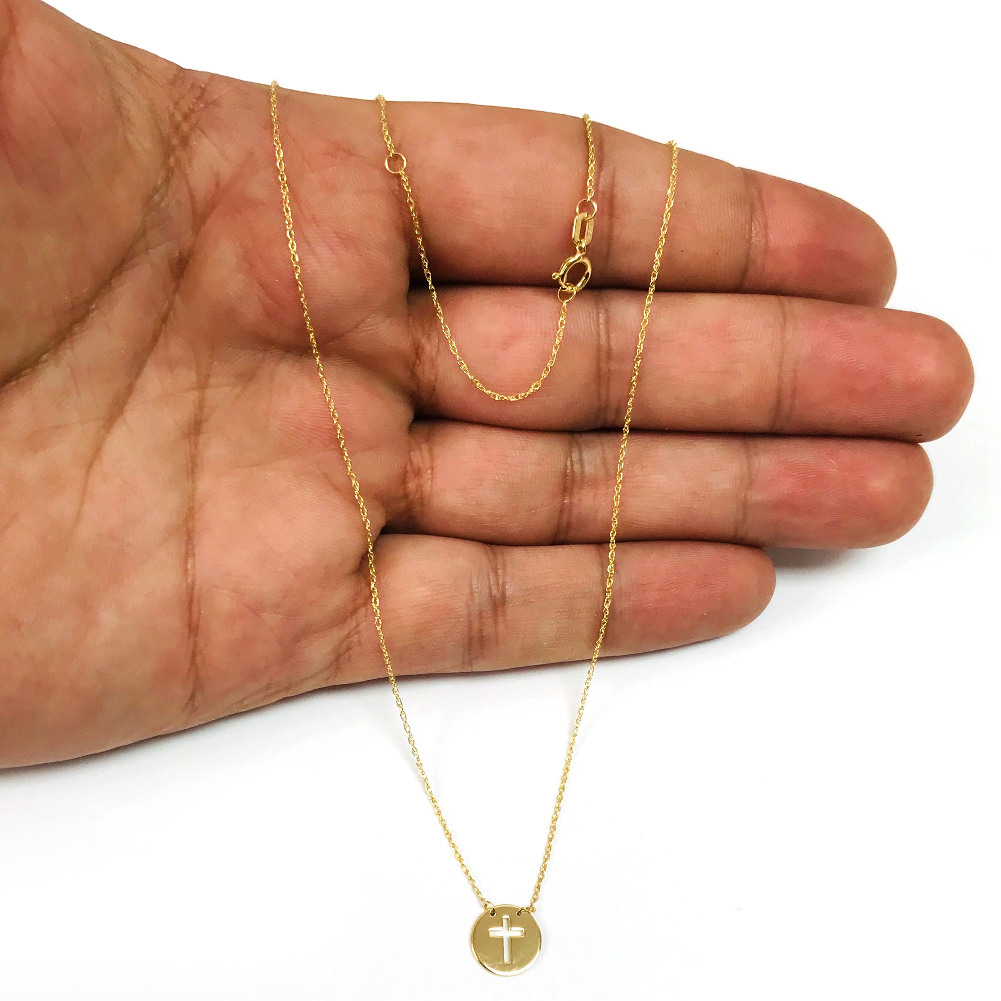 14K gult guld mini korshängande halsband, 16" till 18" Justerbara fina designersmycken för män och kvinnor