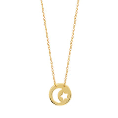 14K Yellow Gold Mini Moon And Star Pendant Necklace, 16 To 18 Inches Adjustable