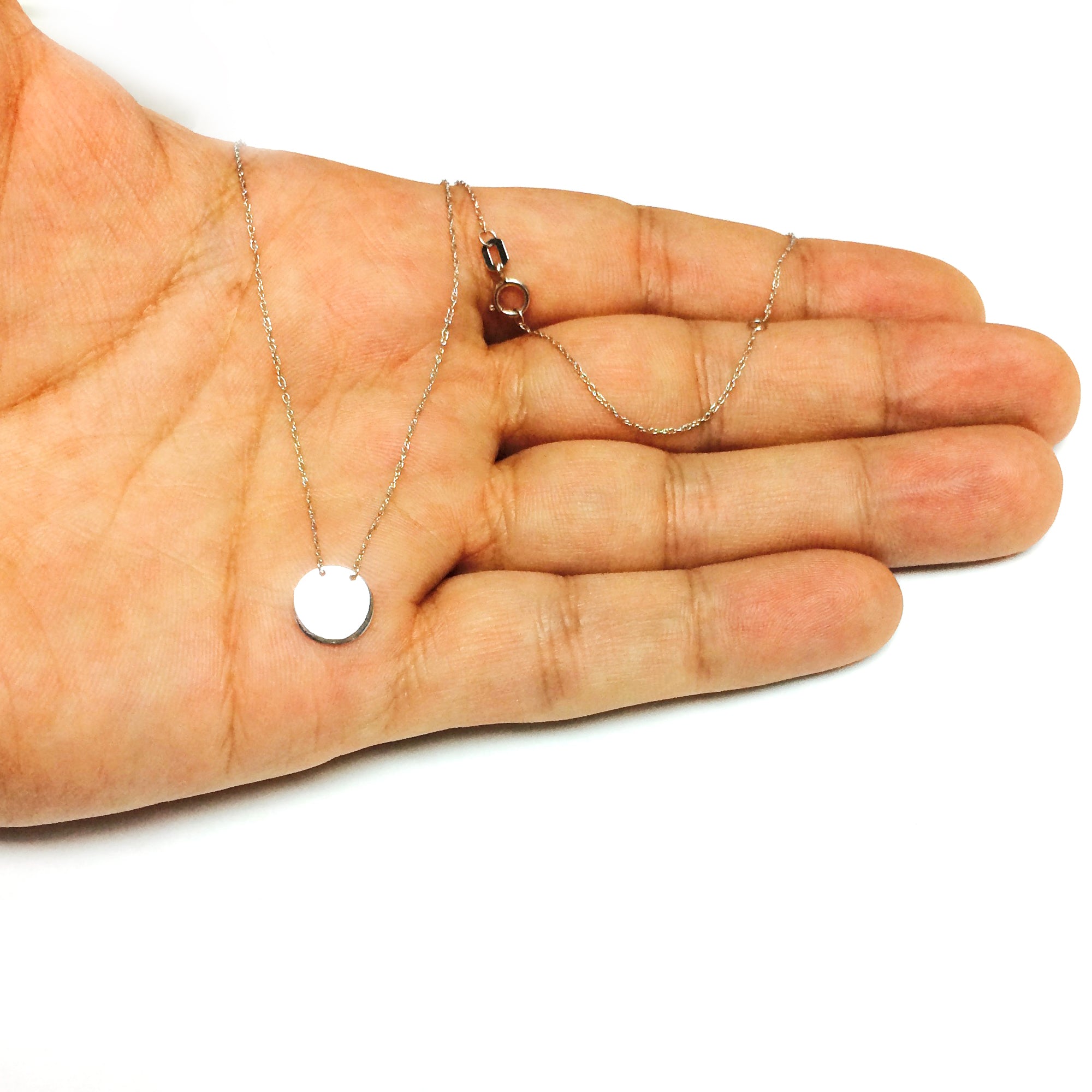 14K White Gold Mini Engravable Disk Pendant Necklace, 16" To 18" Adjustable fine designer jewelry for men and women