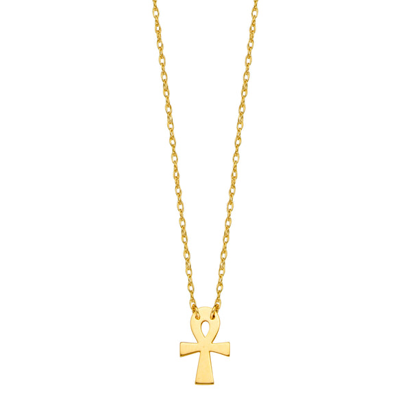 14K Yellow Gold Mini Ankh Cross Pendant Necklace, 16" To 18" Adjustable