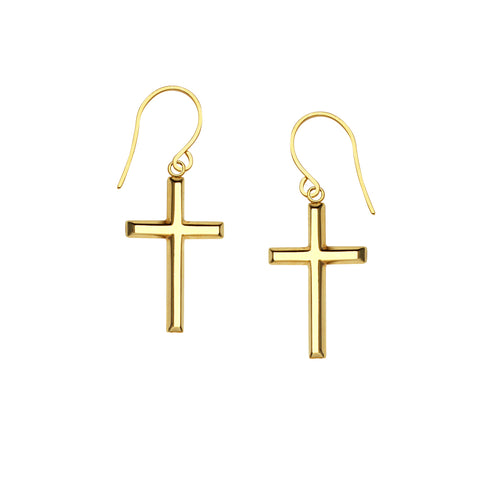 14K Yellow Gold Shiny Cross Drop Earrings