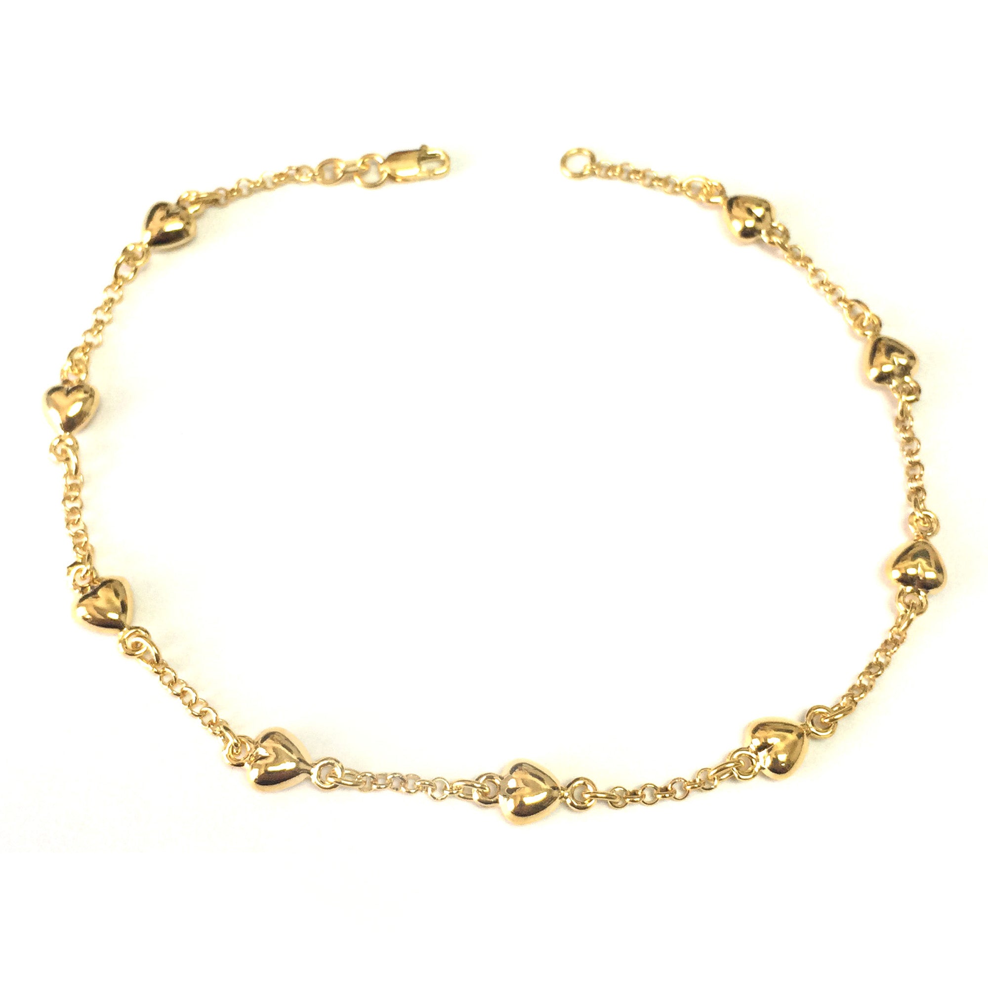 14K Yellow Gold Puffed Hearts Anklet, 10-inch
