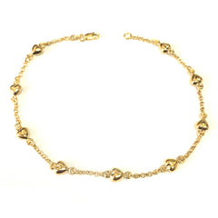 Bracelet de cheville coeurs soufflés en or jaune 14 carats, bijoux de créateurs fins de 10 pouces pour hommes et femmes