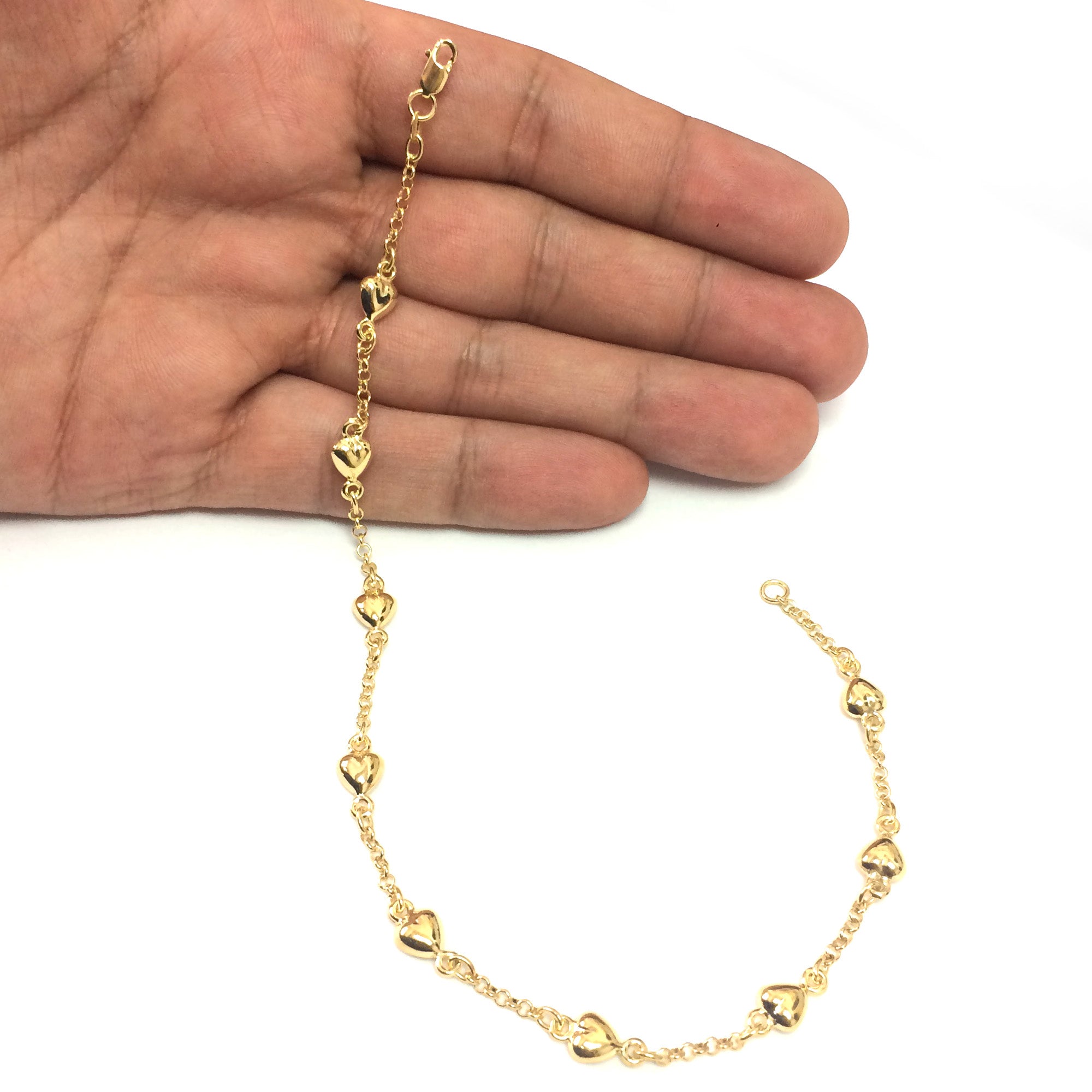 14K Yellow Gold Puffed Hearts Anklet, 10" fine designer jewelry for men and women