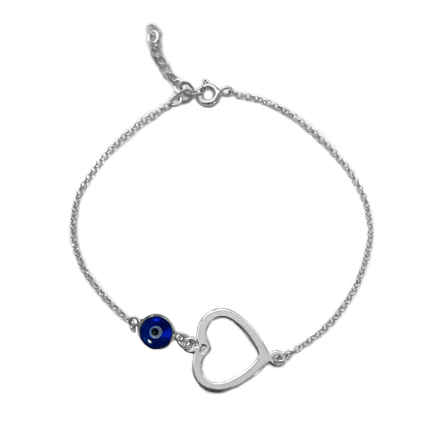Heart Theme Double Sided Evil Eye Adjustable Necklace In Rhodium Plated Sterling Silver, 17" to 18"