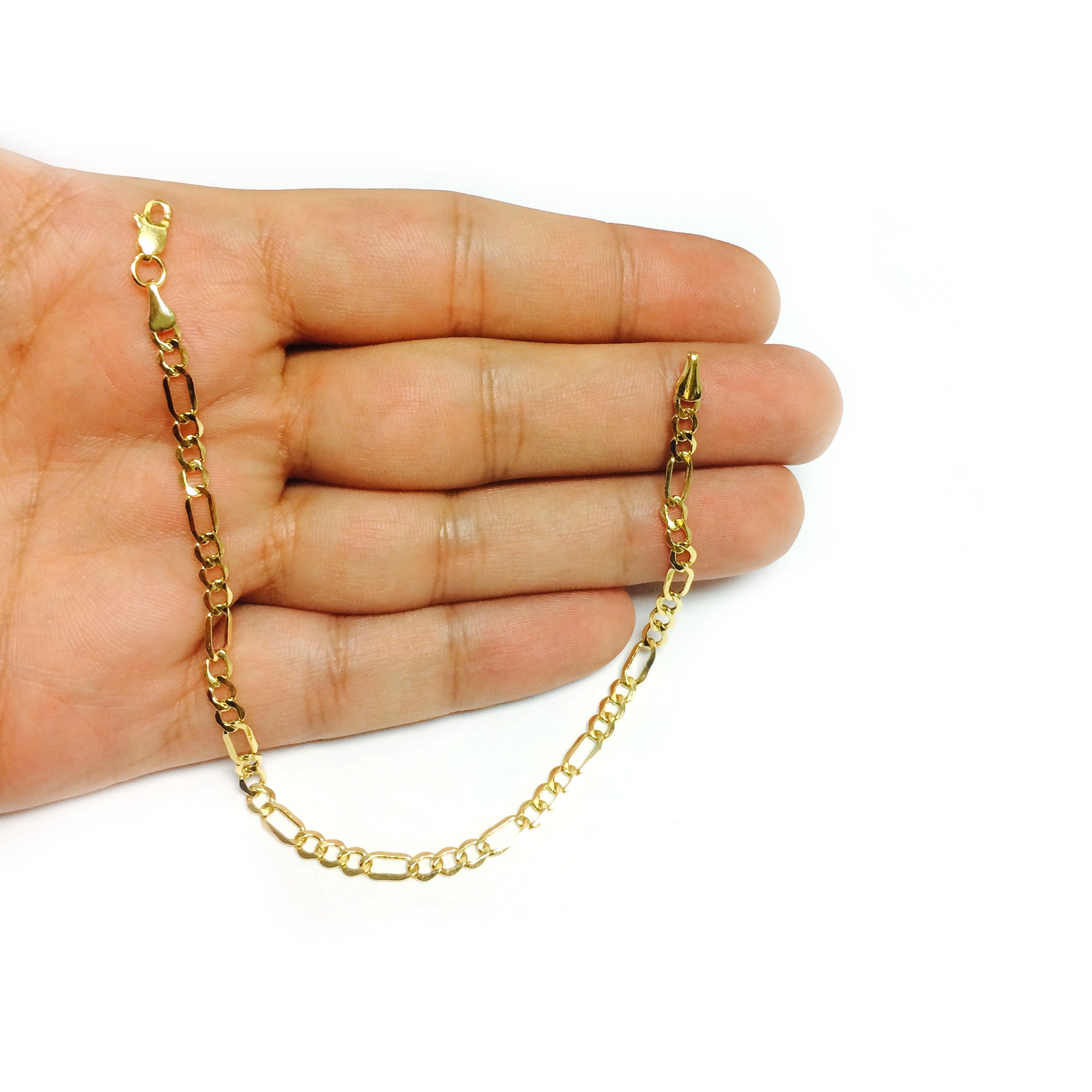 Bracciale a catena Figaro cavo in oro giallo 14k, gioielli di design da 8,5" per uomini e donne
