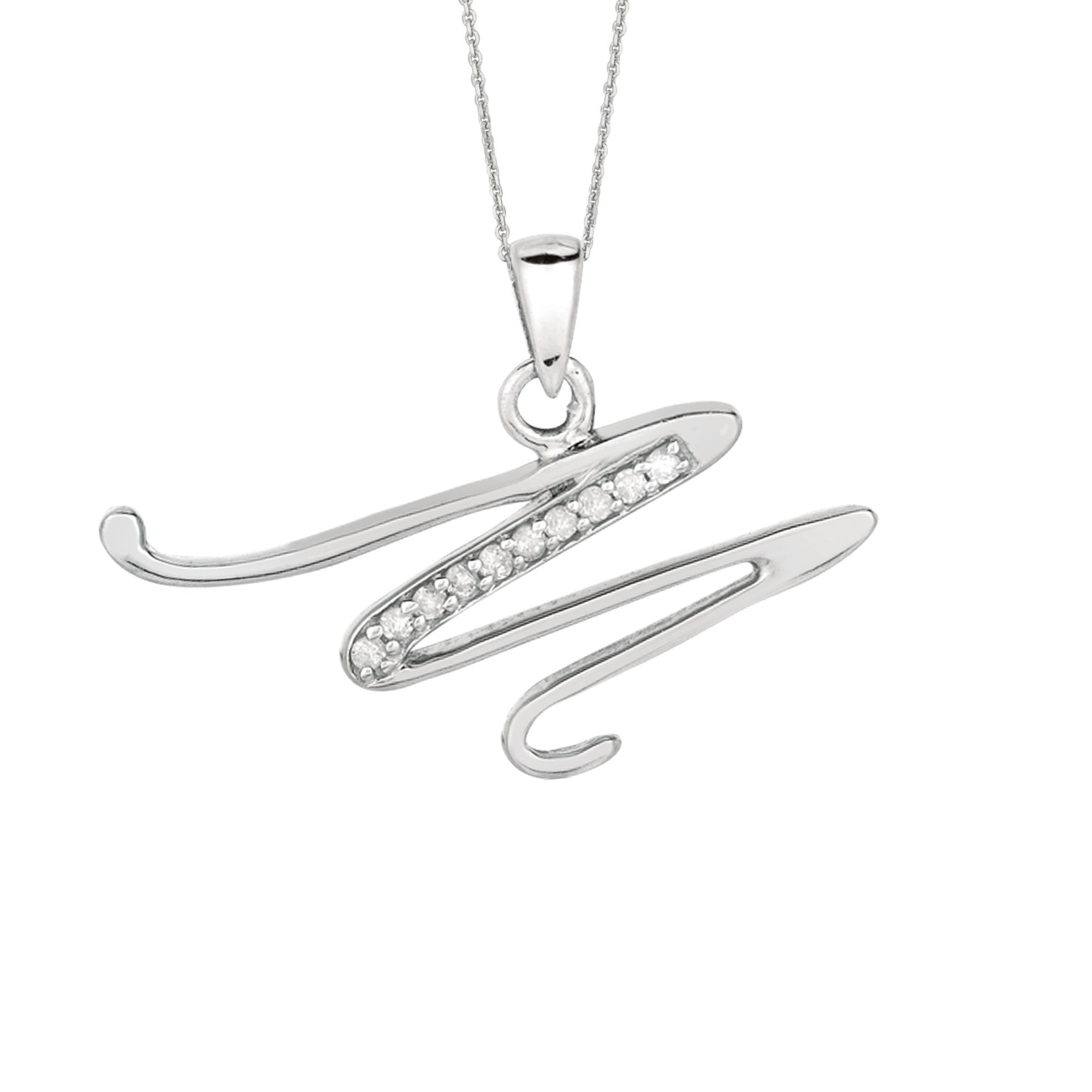 "M" Sterling Silver Rhodium Plated Script Initial Letter With Diamonds On 18 Inch Chain ( 0.05 Tcw)