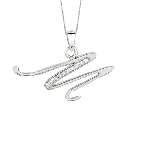 "M" Sterling Silver Rhodium Plated Script Initial Letter With Diamonds On 18 Inch Chain ( 0.05 Tcw)
