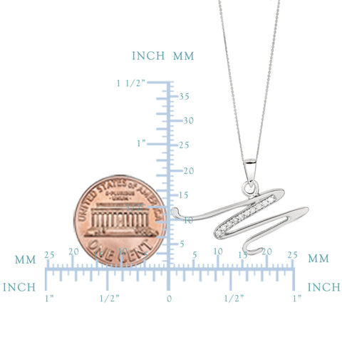 "M" Sterling Silver Rhodium Plated Script Initial Letter With Diamonds On 18 Inch Chain ( 0.05 Tcw)
